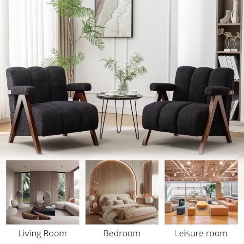 Mid Century Modern Accent Chairs Set of 2 with Solid Wood Frame, Boucle Upholstered Living Room Chairs with Thick Cushion, Comfy Tufted Arm Chair for Bedroom, Black - color: Black, size: 1-seater, 2-piece set