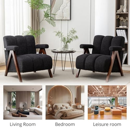 Mid Century Modern Accent Chairs Set of 2 with Solid Wood Frame, Boucle Upholstered Living Room Chairs with Thick Cushion, Comfy Tufted Arm Chair for Bedroom, Black - color: Black, size: 1-seater, 2-piece set