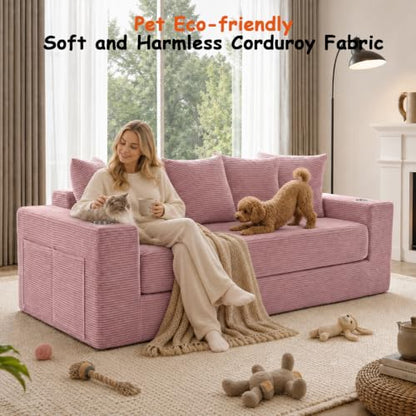 76" Convertible Sofa Bed, Corduroy Boneless Couch with Cup Holders & Pocket | 2-in-1 Sleeper Sofa, Pull-out Couch Bed with 5 Pillows, Living Room, Small Spaces, Bedroom, No Assembly - color: 76" Pink