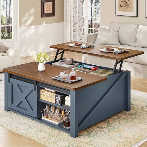 SEDETA 31.5" Lift Top Coffee Table with Storage, Square Coffee Tables for Living Room, Farmhouse Coffee Table with Large Hidden Storage Compartment and Adjustable Shelves, Blue - color: Blue