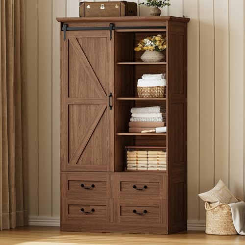 IRONCK Armoire Wardrobe Closet with 4 Drawers,71" Wardrobe Cabinet with Sliding Barn Doors, Tall Clothing Storage Cabinet with Hanging Rod and Shelves for Bedroom,Walnut - color: Walnut