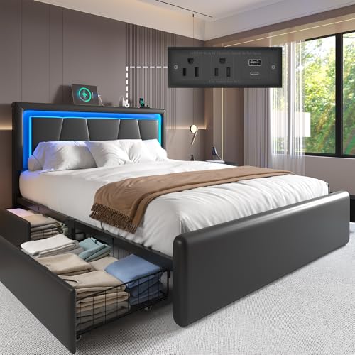 Full Size Bed Frame with 4 Storage Drawers, Upholstered Headboard, Black | Modern Bed, Charging Station, LED Light, Adjustable Height Headboard, Noise-Free, No Box Spring Needed, Easy Assembly - color: Black, size: Full