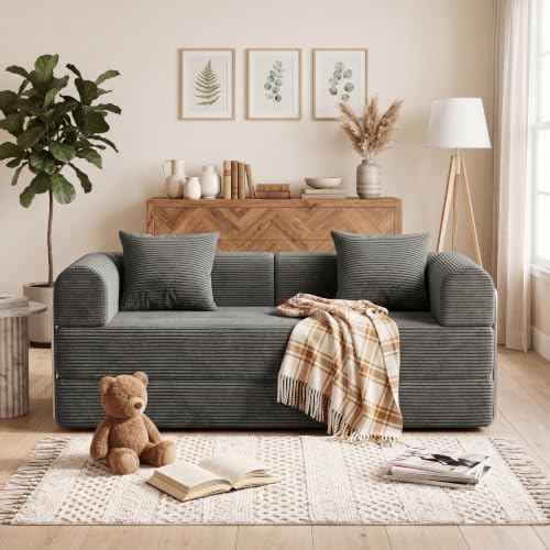59'' Convertible Compressed Corduroy Folding Cloud Sofa Bed, Modern Boneless Pull Out Loveseat Sleeper in a Box, 4 in 1 Floor Mattress Futon Fluffy Couch, No Assembly Needed, Grey, 2 Pillows, Full - color: Gy, size: 59''