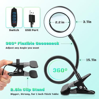 10X Magnifying Glass with Light, Clip on Mganifier with Light, 48 LED Desk Magnifying Glass wtih Clamp, 3 Modes Dimmable Magnifying LED Lamps for Bed Work Crafts DIY Repair Black - color: Black