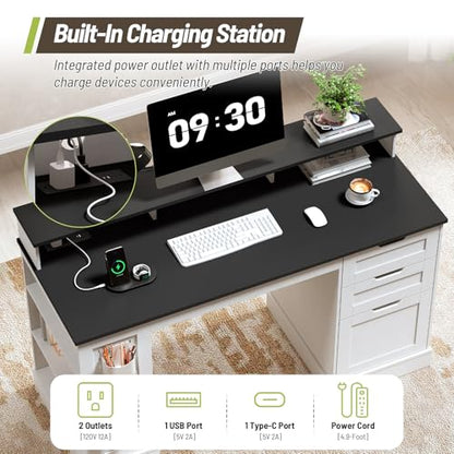 55-Inch Farmhouse Executive Desk with 2 Drawers and File Cabinet, Computer Desk with 3-Tier Storage Shelves, Home Office Desk with Charging Station, Pegboard and Monitor Shelf, White and Black - color: White and Black