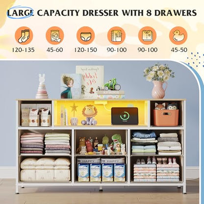 WLIVE LED Dresser TV Stand for 55 Inch TV, 8 Drawers, Cream White | Fits TVs up to 55 inch, 8 fabric drawers, LED chest of drawers, Built-in power outlet, Living room or bedroom - color: Cream White