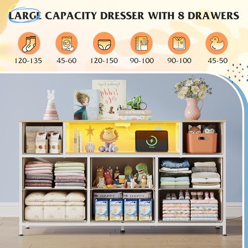 WLIVE LED Dresser TV Stand for 55 Inch TV, 8 Drawers, Cream White | Fits TVs up to 55 inch, 8 fabric drawers, LED chest of drawers, Built-in power outlet, Living room or bedroom - color: Cream White