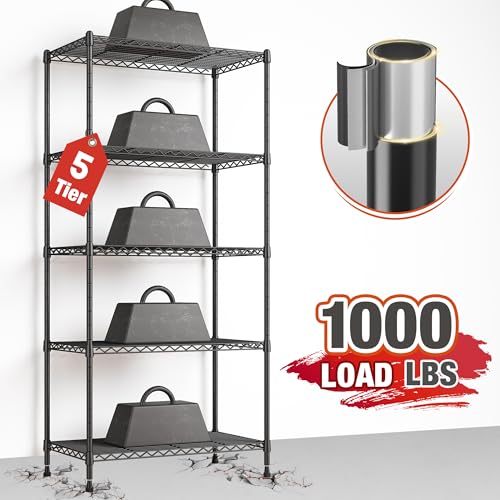 REIBII 60" H Wire Shelving, 1000LBS Heavy Duty & Adjustable, for Kitchen | Space Saving, Leveling Feet, Powder Coated Waterproof, Tool-Free Shelves, Freestanding, Anti-Tipping, Rust-resistant - size: 5 Tier,13.4" D x 23.2" W x 60" H