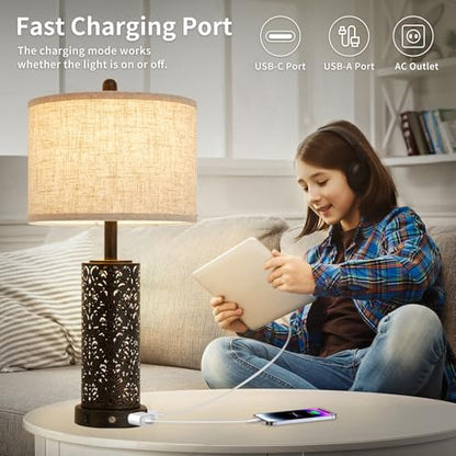 SAIWEYA 26" Set of 2 Farmhouse Table Lamp for Bedroom, Dimmable Touch | 3 Way Dimmable, 2 USB Ports + AC Outlet Bedside Lamp for Nightstand, LED Bulb Included, Fabric Shade, Flower Metal Body - color: White-26in 2 Pack