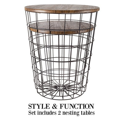Lavish Home End Tables - Round Nesting Tables Set of 2, Brown/Black | 17.5”/15.5” Side Tables with Removable Wood Tops & Metal Basket Bases for Blanket Storage, Living Room, Bedroom & Home Office - color: Brown Round