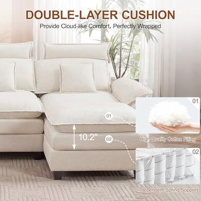 134'' U Shaped Sectional Couch, Cloud Deep Seat Sofa Couch with 2 Ottoman, Detachable Headrest, Oversized Modular 5 Seater Sofas for Living Room, Beige - color: Beige, size: U Shaped Couch
