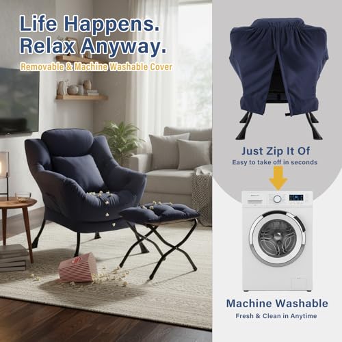 Lazy Chair with Ottoman, Comfy Reading Chair for Bedroom，Navy | Comfy Bedroom Accent Chair with Washable Removable Cover and extra throw pillow for Living Room Dorm - color: Peach Navy-1