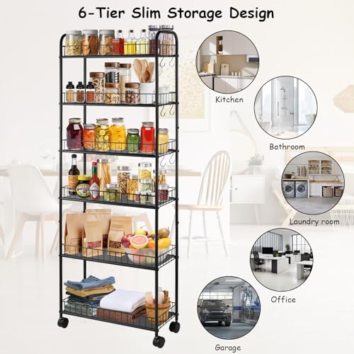 6 Tier Rolling Storage Cart on Wheels, Slim Tall Narrow Storage Shelf for Small Spaces, Metal Utility Cart Freestanding Mobile Shelving Rack with Wheels for Kitchen, Bathroom, Laundry Room - size: 10 in Wide