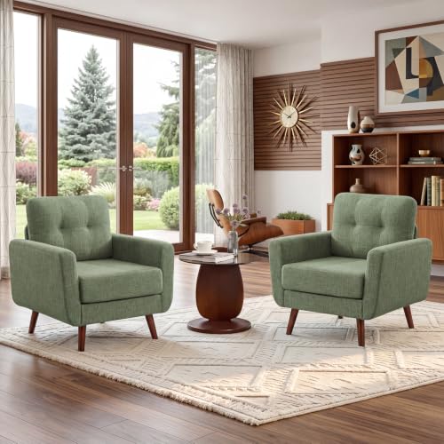 Tbfit Linen Fabric Single Sofa, Accent Chair, Mid Century Modern Armchair for Living Room, Bedroom Button Tufted Upholstered Comfy Reading Sofas, Green - color: Green, size: Single*2