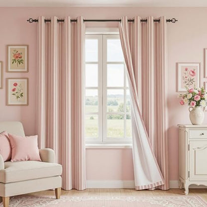 MYSKY HOME Striped Curtains 100% Blackout for Girls Bedroom 84 Inches Long Red Stripe Patterned Linen Blend Double Layer Farmhouse Rustic Drapes, Grommet, 2 Panels, 52" Wide - color: B-red/Blackout, size: 52"W x 84"L (Pack of 2)