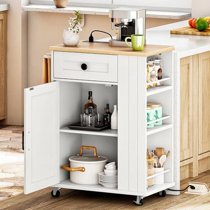 HOOBRO Kitchen Island on Wheels, Kitchen Island Cart with Power Outlet, Kitchen Storage Island with Spice Rack and Drawer, Island Table for Kitchen & Dining Room, White and Natural WN36UZD01