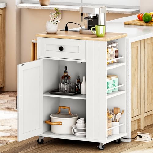 HOOBRO Kitchen Island on Wheels, Kitchen Island Cart with Power Outlet, Kitchen Storage Island with Spice Rack and Drawer, Island Table for Kitchen & Dining Room, White and Natural WN36UZD01
