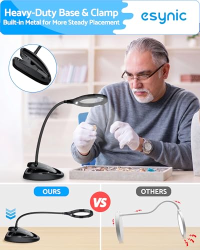 eSynic Desk Table Magnifying Glass with 15 LED Lights-800mAh Rechargeable | 5X & 10X Acrylic Lens-15 LEDs-3-Level Dimmable-Flexible Gooseneck-Clamp & Base Stand – for Reading/Soldering/Crafts/Elderly
