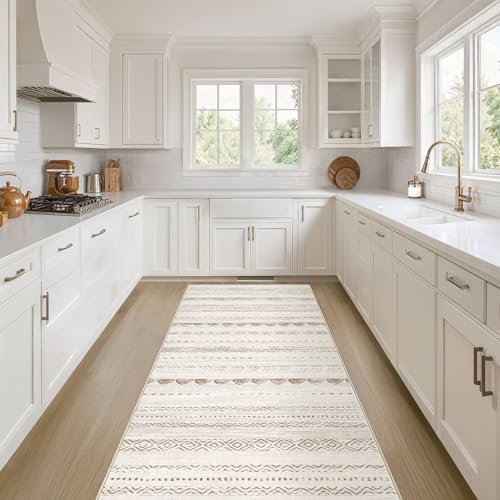 Nakagishi Boho 2x6 Runner Rug Machine Washable Rugs Non Slip Beige/Brown | Soft Underfoot, Stain Resistant, Carpet for Bedroom/Kitchen/Entryway/Hallway, Bathroom Pet & Kid Friendly Moroccan Farmhouse - color: Beige Brown, size: 2' X 6' (Runner)