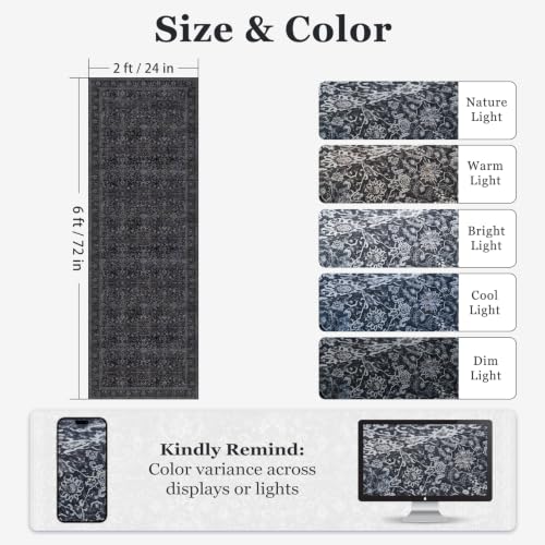 Dark 2x6 Runner Rug for Hallways Entryway, Vintage Earth Tone Kitchen Bathroom Runner 6ft, Non Slip Washable Low Pile Thin Carpet Runner for Mudroom/Laundry Room/Bedroom Bedside, Midnight - color: Dark/Black/Red/Blue, size: 2' x 6' (Runner)