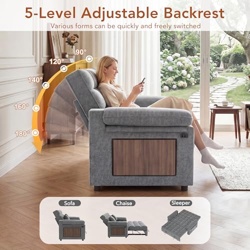 Vipbear Sleeper Sofa Bed, 70" Pull Out Futon Couch with Small Table| USB Port | Side Pockets | Tool-Free Assembly | Adjustable Backrest for Apartment, Office, Guest Room, Chenille Light Grey - color: Light Grey