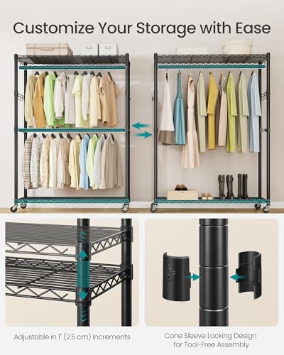 SONGMICS Heavy-Duty Rolling Clothes Rack, Garment Rack, Portable Closet on Wheels, with Adjustable Mesh Shelves and Hanging Rails, Hooks, 15.8 x 43.3 x 78.3 Inches, Ink Black ULGR417BH01 - size: 43.3"W