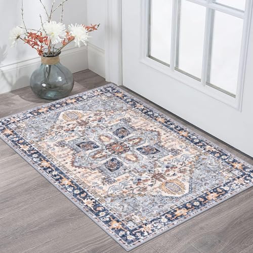 KOZYFLY Small Area Rug 2x3 Ft Rugs for Entryway Washable Boho Entry Rug Non Slip Door Mat Indoor Entrance Faux Wool Vintage Printed Rug for Entrance, Muted Navy/Blue Gray/Ivory/Terracotta - color: Muted Navy/Blue Gray/Ivory/Terracotta, size: 2' x 3' (Rect