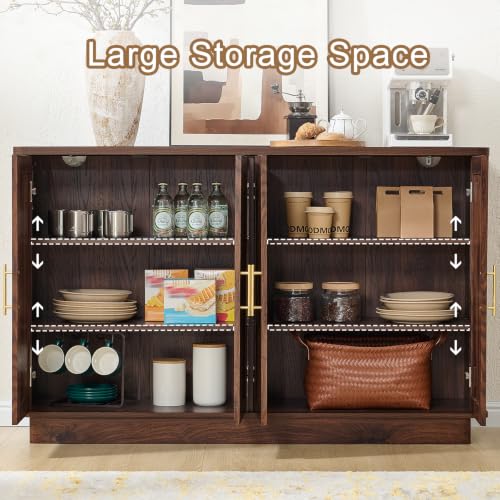 Okvnbjk Modern Sideboard Buffet Cabinet with Storage, Walnut | Fluted Coffee Bar Cabinet with 4 Doors & Adjustable Shelves for Kitchen, Dining Room, Living Room & Hallway - color: Walnut