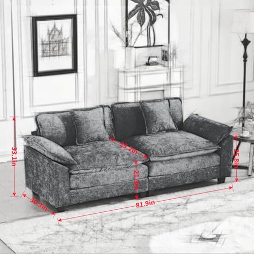 81.9'' Modern Sectional Couch with Double Layer Upholstered Seat Cushion, Chenille LoveSeat Sofa Couch with Wider Armrest and Cushions, Living Room, Bedroom, Apartment, Easy Assembly, Black - color: Black