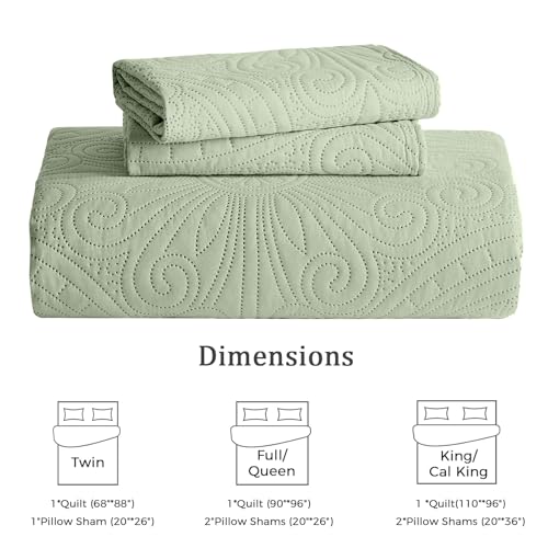 WURUIBO Twin Quilt Set Sage Green,Ultrasonic Embossed Bedspread, Lightweight Microfiber Coverlet, Modern Thin Bedding Set for All Season, 2 Piece(1 Quilt,1 Pillow Shams) - color: Sage Green, size: Twin(68"x88")