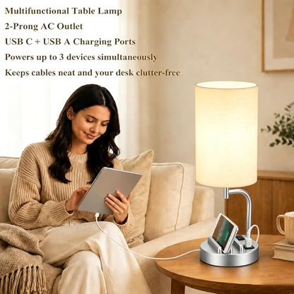 Dreamholder Touch Control USB Table Lamp with USB C/A & AC Outlet, 3-Way Dimmable Bedside Lamp, Modern Nightstand Lamps for Bedroom Living Room Guest Room Office, Bulb Included, Silver - color: Silver