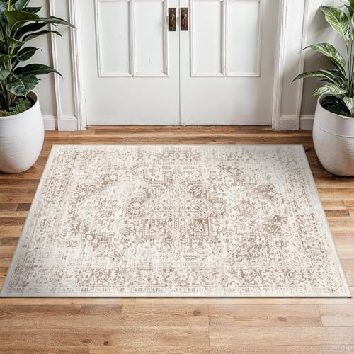 2x3 Washable Area Rug for Entryway: Throw Vintage Neutral Rugs IvoryBeige | Non Slip Pet Friendly Water Resistant Easy Clean Low Pile Design Soft Rug for Kitchen Bedroom Bathroom and Living Room - color: Ivory/Beige, size: 2x3