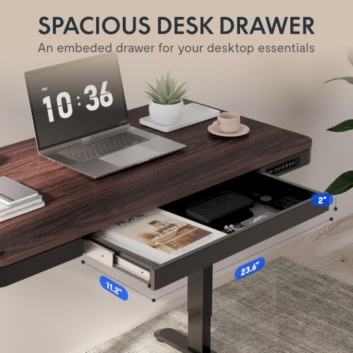 FLEXISPOT Comhar 55" Electric Standing Desk with Storage, Built-in Drawer & USB Charging Ports, Height Adjustable Sit Stand Computer Desk, Quick Assembly, Child Lock, Walnut - size: 55"Dark Walnut/Black