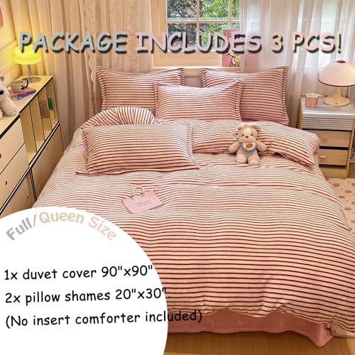 MorroMorn Pink Duvet Cover Queen, Pink Bedding Sets, Fluffy Comforter Covers Set, Down Alternative Blanket Ultra Soft Kawaii Cute for Girls Kids Teen Women Full Double Size - color: Pink Stripes, size: Full/Queen