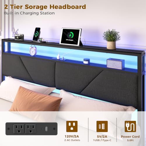 Queen Bed Frame with Storage Headboard, 6 Drawers, LED & Charging | 2-Tier Fabric Upholstered Headboard, Charging Station&RGB Lights, No Box Spring Needed, easy assembly, Noise-Free - color: Dark Gray, size: Queen