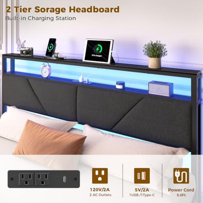 Queen Bed Frame with Storage Headboard, 6 Drawers, LED & Charging | 2-Tier Fabric Upholstered Headboard, Charging Station&RGB Lights, No Box Spring Needed, easy assembly, Noise-Free - color: Dark Gray, size: Queen