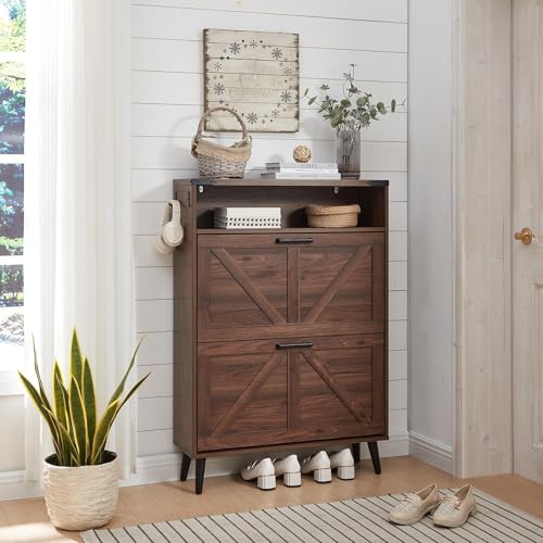 Barnyatoh Farmhouse Shoe Storage Cabinet with 2 Flip Drawers & Open Storage | Hidden Slim Narrow Shoe Rack Cabinet,Barn Door,Adjustable Shelves,Wood Shoes Organizer for Entryway,Foyer,Hallway, Walnut - color: Walnut, size: 2-Drawers