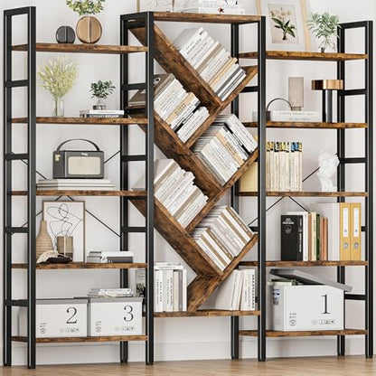70x70 Triple 5 Tier Book Shelf, Large Wooden Bookcase with 17 Open Display Shelf, Modern Tree Bookshelf Metal Frame Tall Book Case Furniture for Living Room Bedroom Home Office Rustic Brown - color: Brown, size: 5 tier
