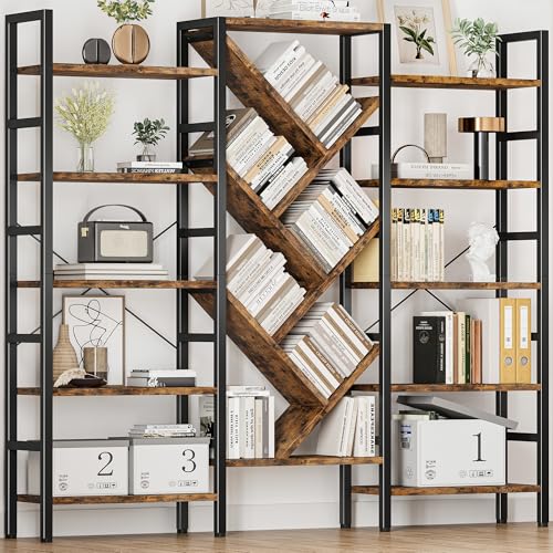 70x70 Triple 5 Tier Book Shelf, Large Wooden Bookcase with 17 Open Display Shelf, Modern Tree Bookshelf Metal Frame Tall Book Case Furniture for Living Room Bedroom Home Office Rustic Brown - color: Brown, size: 5 tier