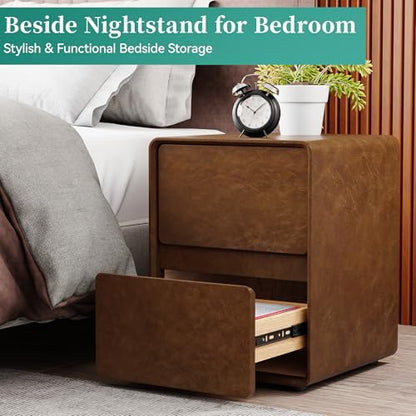 15.8" W Faux Leather Narrow Nightstand, Modern Fully-Assembled Bedside Table with 2 Drawers, Wood Night Stand Small Accent End Table & Side Table for Bedroom, Brown - color: Brown, size: 16in