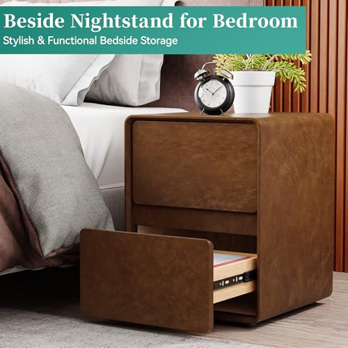 15.8" W Leather Narrow Nightstand Set of 2, Modern Fully-Assembled Bedside Table with 2 Drawers, Night Stand Small End Table & Side Table for Bedroom, Brown - color: Brown Set of 2, size: 16in