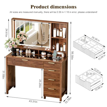 Arulvmrn 43.3'' Vanity Desk with Mirror and Lights, with Glass Tabletop, with 5 Drawers & Shelves,Makeup Vanity Set for Bedroom, Tan - color: Tan
