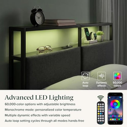 Zinus Michael Upholstered Platform Bed Frame, Four Underbed Drawers, Full | Space-Saving Two-Tier Headboard Storage, Mood Setting RGB LED Lights, Built-in USB Charging Station, Ambient Night Light - size: Full