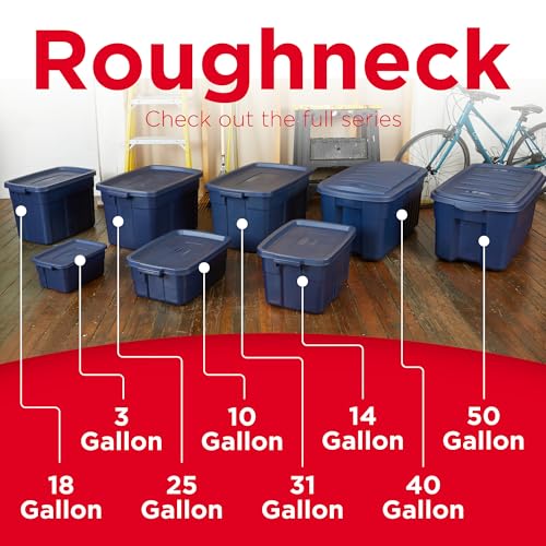 Rubbermaid Roughneck Tote 18 Gal, 6 Pack, Made in USA, Dark Indigo Metallic, Rugged Plastic Stackable Storage Bins with Lids and Handles - size: 18 Gal - 6 Pack