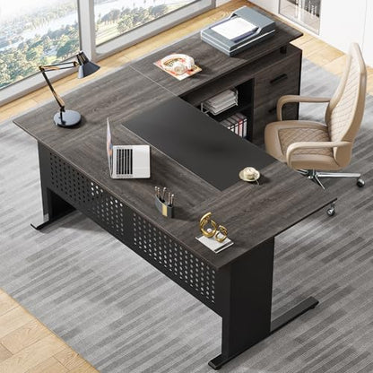 Tribesigns 63 Inch Executive Desk with File Cabinet, Large Office Desk | L Shaped Desk with File Drawer, Computer Table Desk with Storage, Large Desk for Home Office, Easy Assembly, Gray and Black - color: Gray and Black