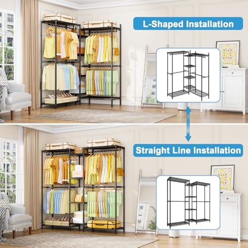 E4 Clothes Rack, Heavy-Duty Garment Rack Can Be L-Shaped Closet, Black | Metal Freestanding Clothing Organization Storage System with Shelves and Hangers, Load 962lbs - color: Black