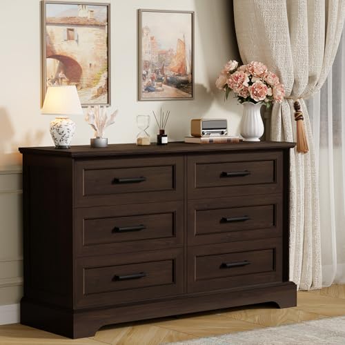 Furmax Farmhouse Dresser for Bedroom, 6 Drawers Dresser, Brown | Wood Chest of Drawers, 47.2" Storage Organizer, Anti-tip, TV Stand for Living Room - color: Brown