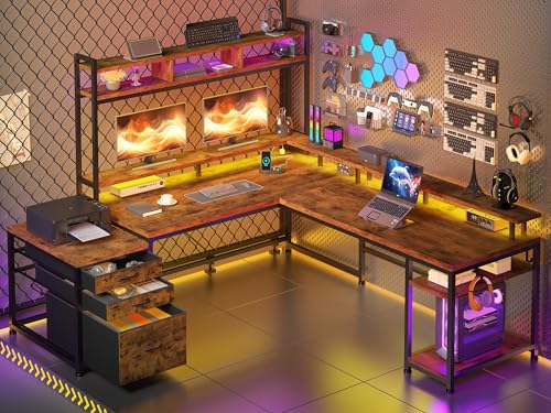 EnHomee 104" L Shaped Desk, 4 Layout Convertible RGB Lights & Monitor Stand | 4-Layout L Shaped Home Workstation, 64–104“Expandable, Charging Ports, Dual Mounts & Storage for Remote Workers, Designers - color: Rustic Brown