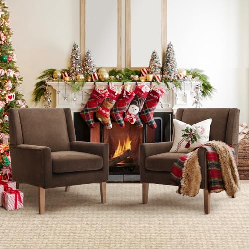COLAMY Modern Wingback Living Room Chair Set of 2, Upholstered Fabric Accent Armchair, Single Sofa Chair with Lounge Seat and Wood Legs for Bedroom/Office/Reading Spaces, Brown - color: Brown, size: Set of 2