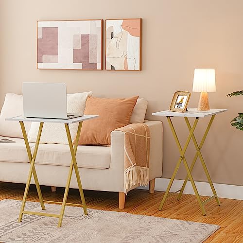 HOOBRO Folding TV Tray Tables, Set of 2 Side Table for Small Space, Industrial Snack Tables for Eating at Couch, Stable Metal Frame, Easy Assembly, Space Saving, Marble and Gold DM25BZ01 - color: Marble + Gold